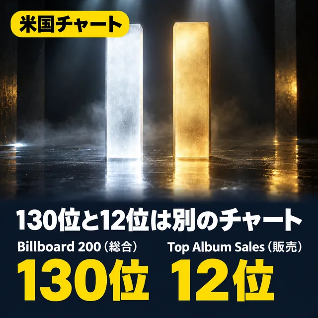 自作カード。米国チャート。130位と12位は別のチャート。Billboard 200（総合）。130位。Top Album Sales（販売）。12位