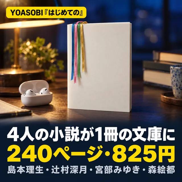 自作カード。YOASOBI『はじめての』。4人の小説が1冊の文庫に。240ページ・825円。島本理生・辻村深月・宮部みゆき・森絵都